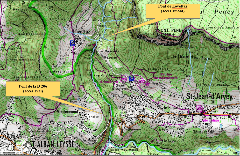 Le parcours de pêche de la Doria - Carte IGN : Chambéry (3332OT)