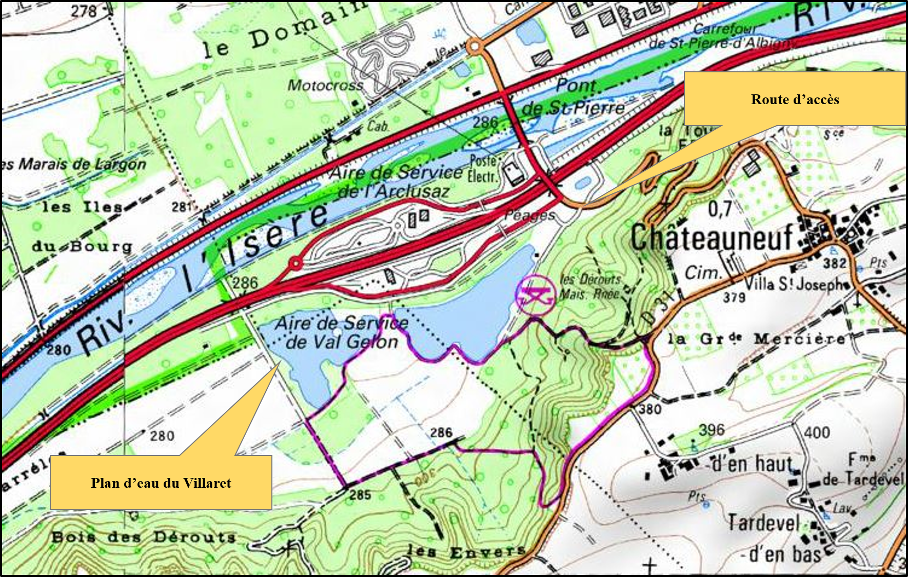 Le parcours de pêche du plan d'eau du Villaret à Coise - Carte IGN : Massif des Bauges (3432 OT)