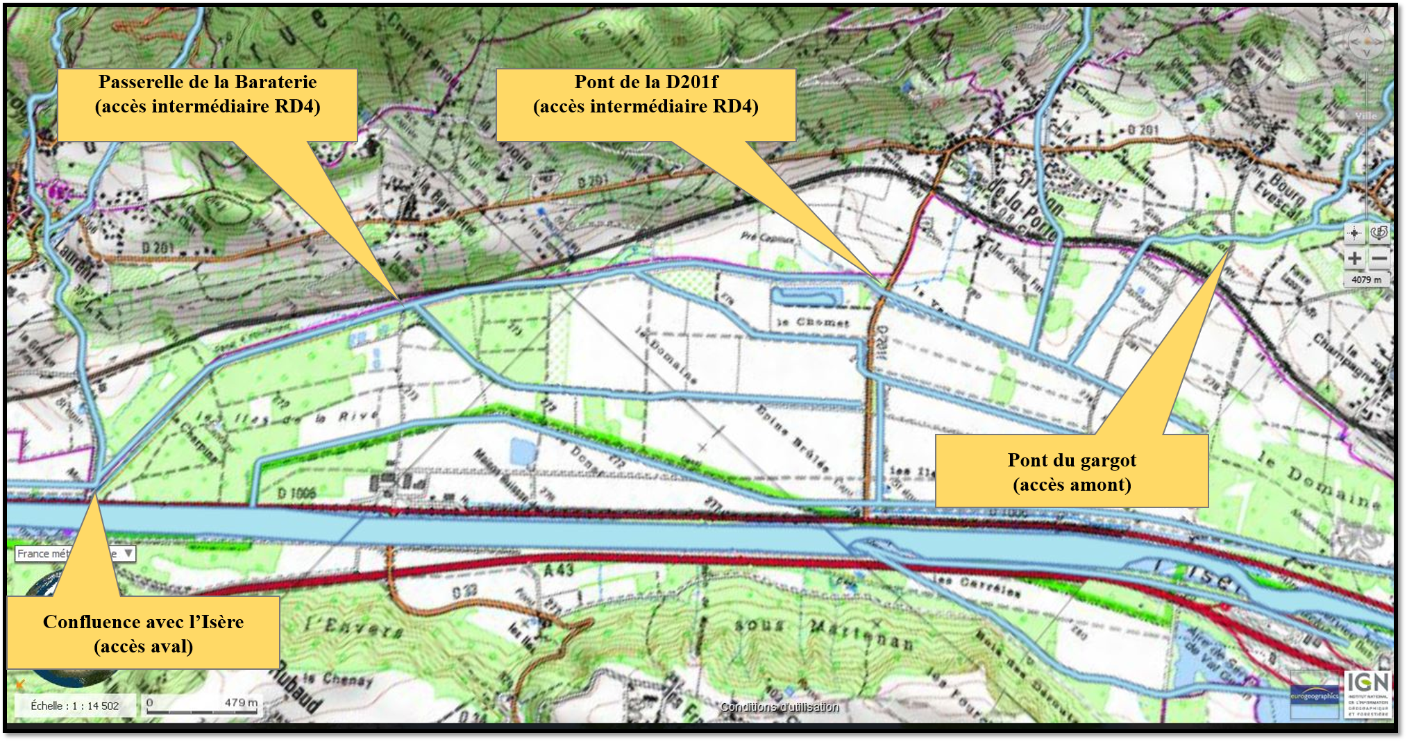 Le parcours de pêche du RD4 - Carte IGN : Massif des Bauges (3432 OT)